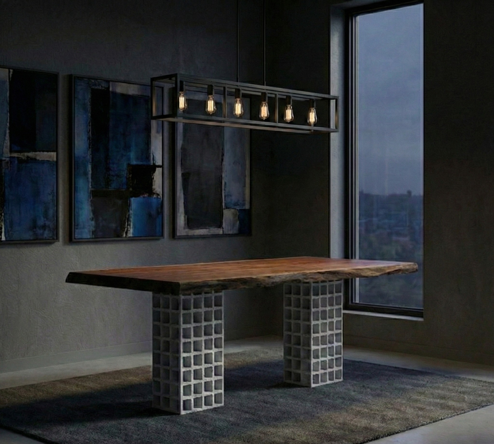 Live-edge table on cube-grid steel base